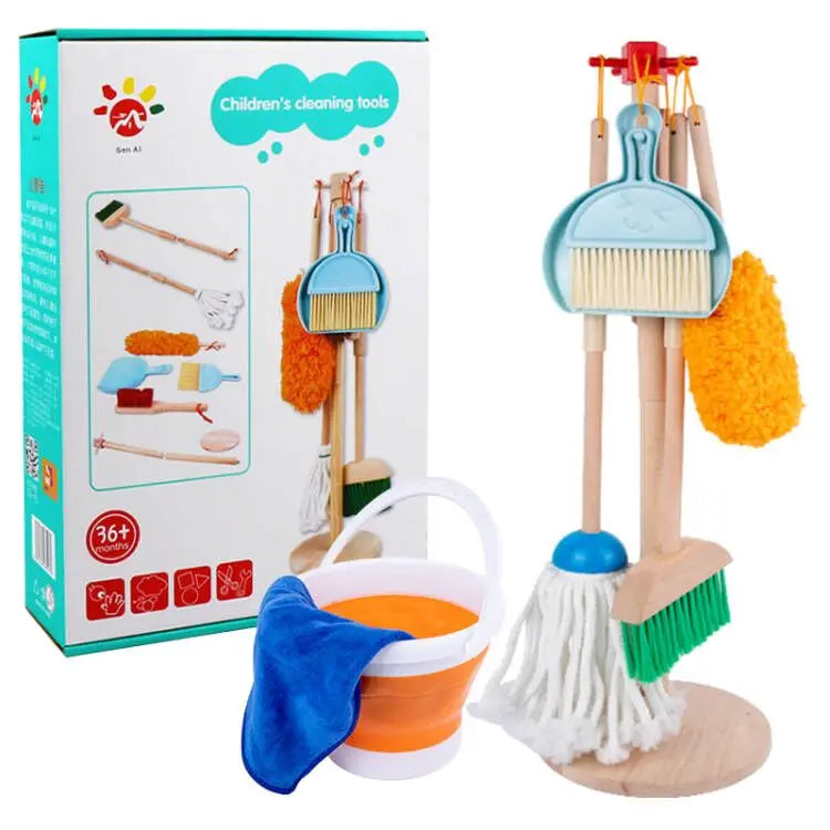 Custom Children's Wooden Pretend Role Play Cleaning Set Early Educational Sweeping and Mopping Tool Toys for Kids