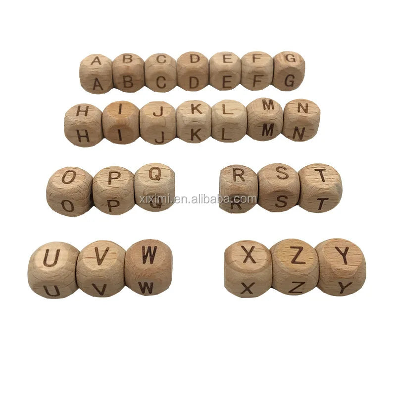 12mm Square Cube Dice Color Laser Engraved English Alphabet Letter Beech Wooden Beads Hole Jewelry Bracelet Keychain DIY Making