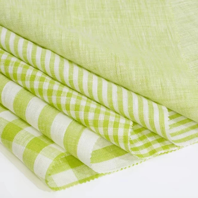 Wholesale Green Gingham Linen Shirt Fabric 144gsm 137CM Sustainable Lightweight Woven Yarn Dyed 100% Linen Fabric  for Clothing