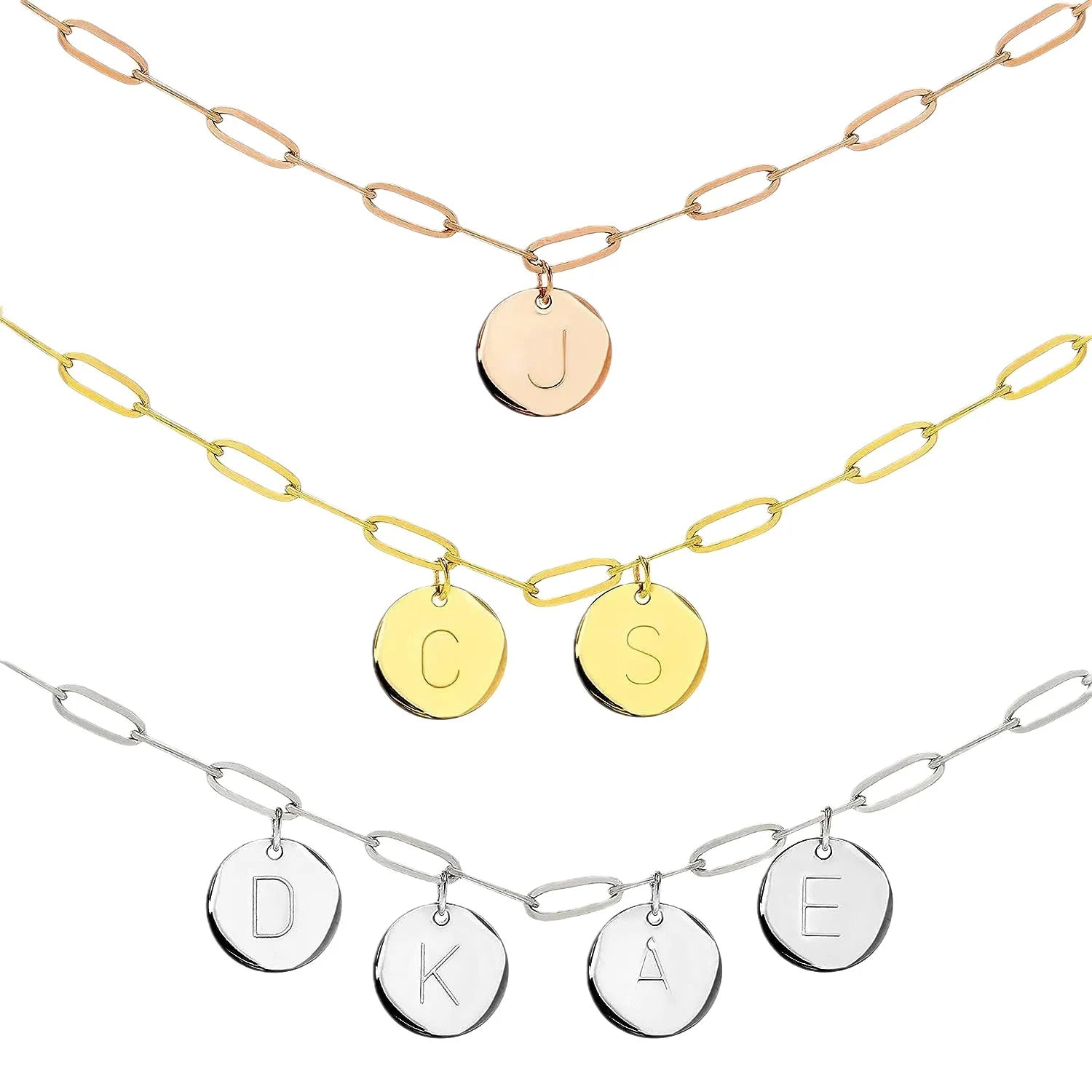 Shescity Trendy Gold Plated Stainless Steel Necklace Customized Round Plate Letter Charm Pendant Necklace Jewelry for Gifts