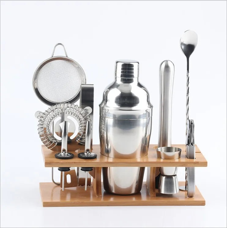 11 Bartending Kit Silver Color Metal Stainless Steel Cocktail Shaker Set with Bamboo Stand 360