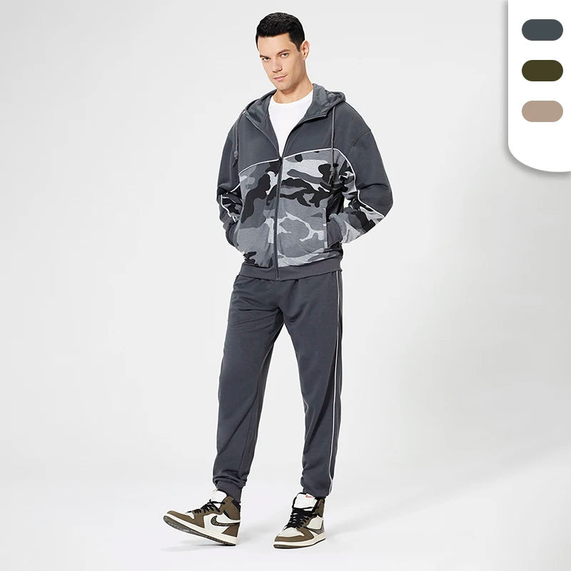 Men's 100% Polyester Custom Logo Tracksuits Sweat Jackets and Jogger Pants Camouflaged Leisure Jogger Suits
