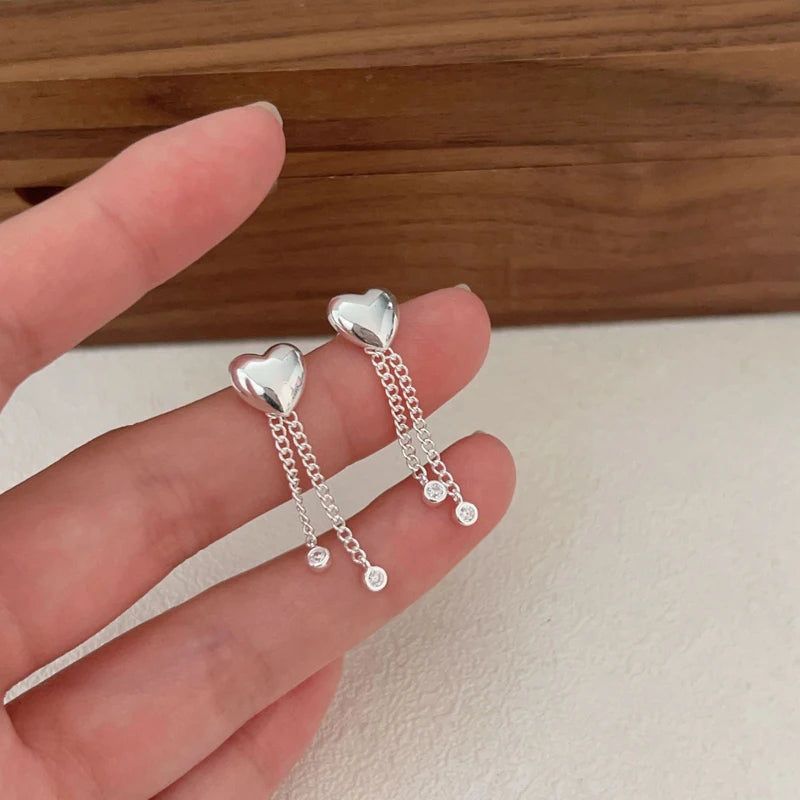 Unique Design 925 Sterling Silver Double Tassel Chain Heart Shape Drop Earrings for Women Gifts Jewelry