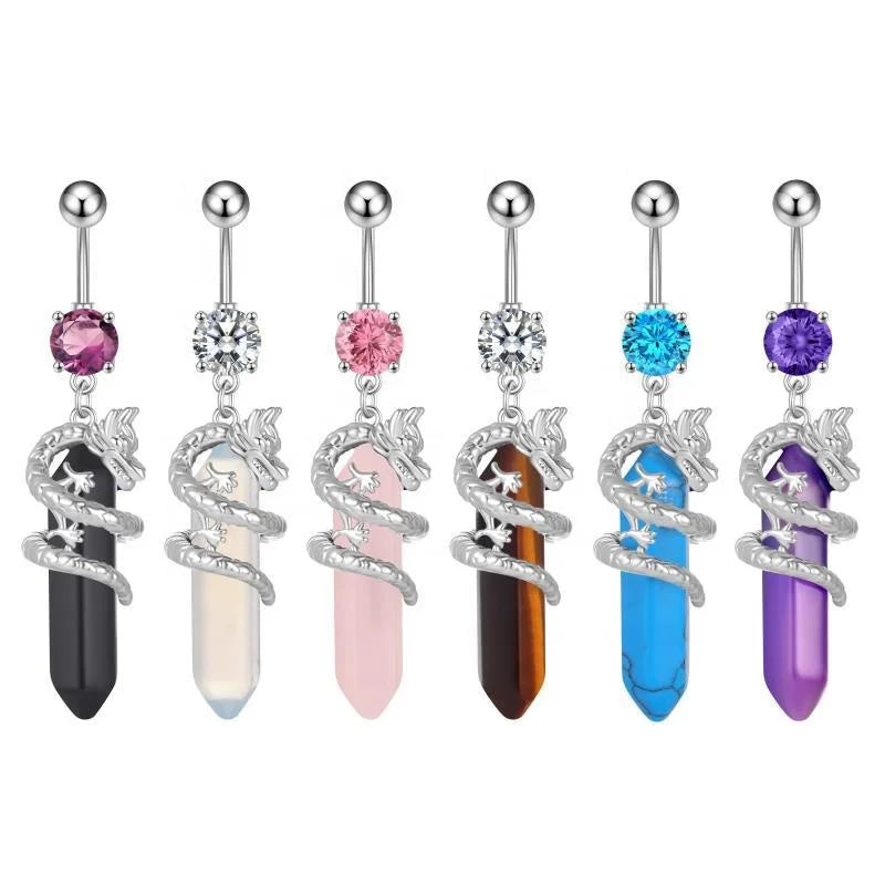 Hot Sales New Fashion Natural Lucky Stone Belly Ring Piercing Hexagonal Prism Crystal Dragon Navel Button Rings