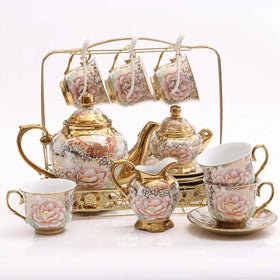 QIAN HU Luxury 15pcs Ceramic Tea Cup Set 200ml Gold Plated Modern Simple Home Party Afternoon Coffee Teapot for Tea & Coffee