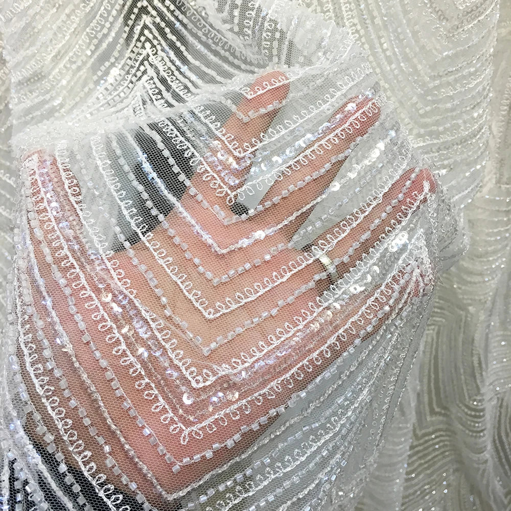 Luxury Elegant Nigerian Fully Beaded Sequins Lace Fabric White Embroidery French Net Lace for Party Wedding