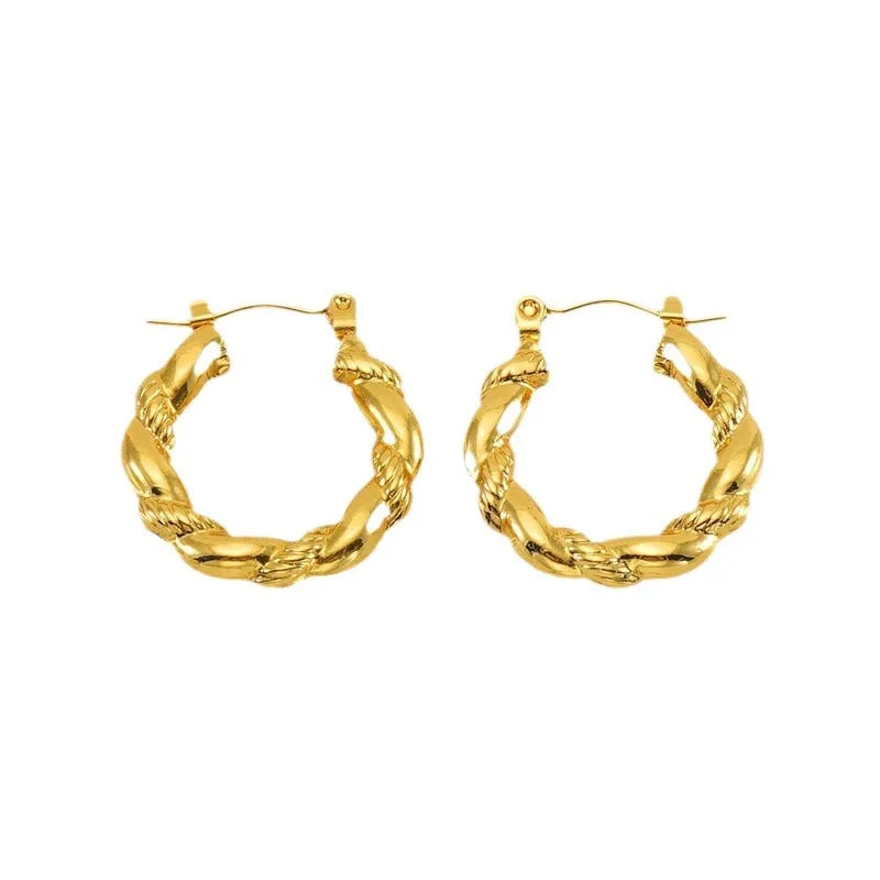 New Trendy 18K Gold Plated Stainless Steel Round Twisted Hoop Earrings Hypoallergenic Women's Fashion Jewelry