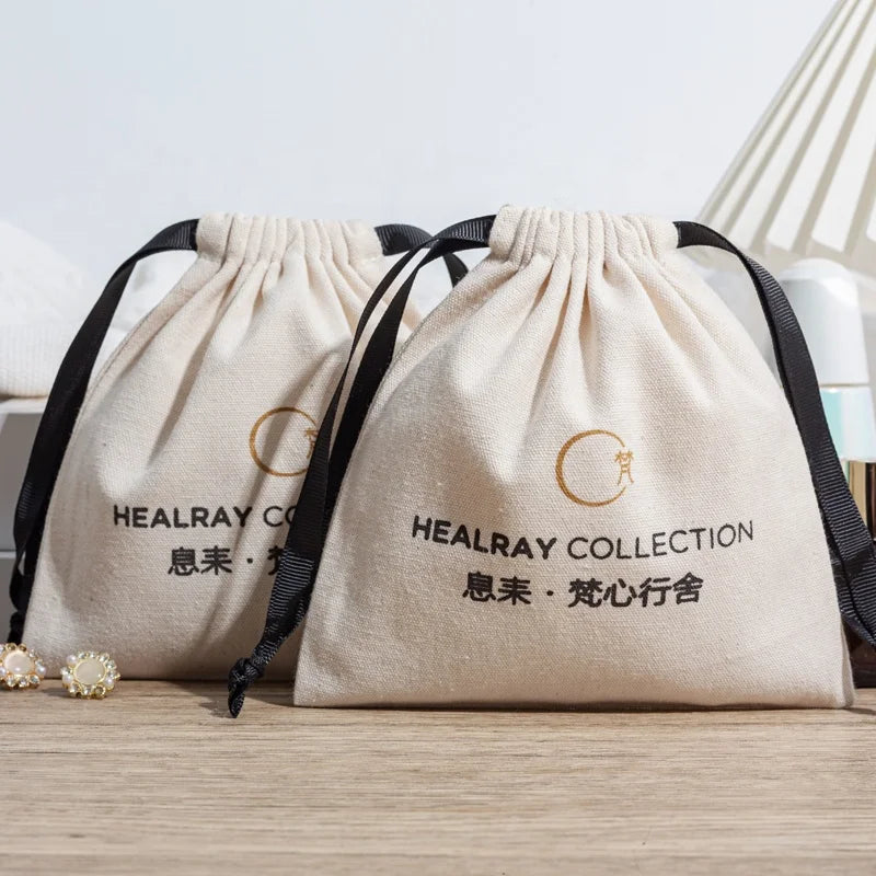 Eco-friendly Printed Cotton Cloth Drawstring Bag With Ribbon Hair Packaging Custom Logo Dust-free Drawstring Shoe Bag