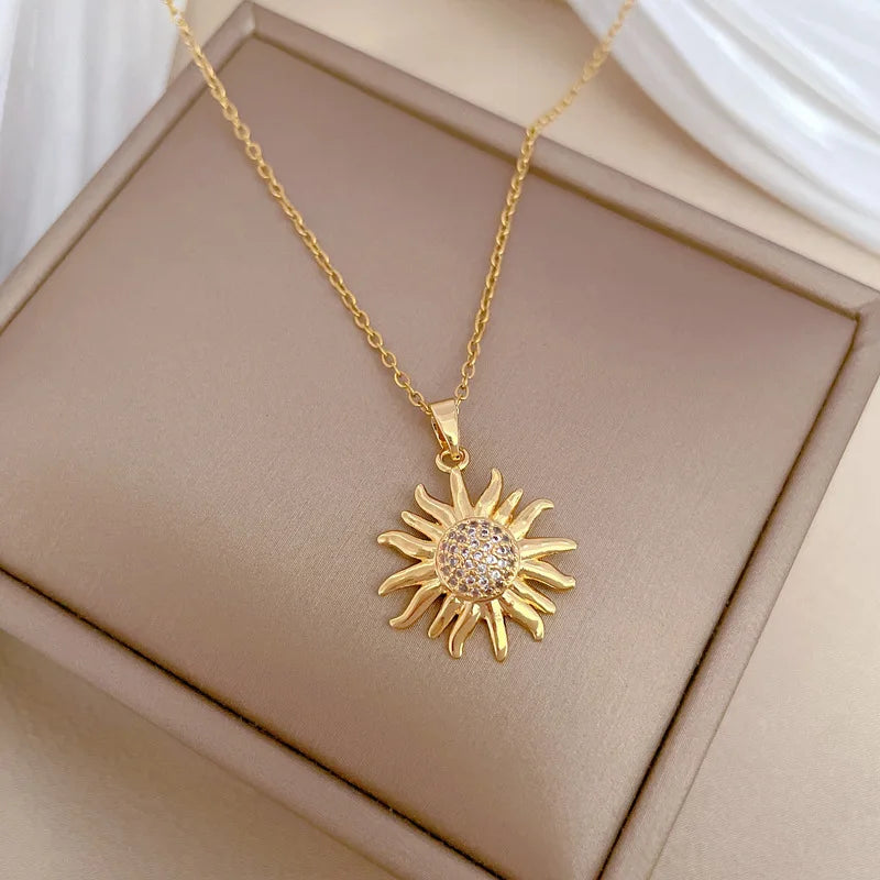 G4017 Wholesale Stainless Steel Chain Sunflower Necklace Copper Pave Sun Pendant Necklaces for Girls Jewelry