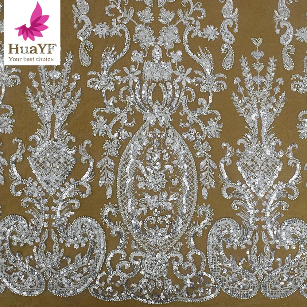 HY2359 Hot Sales White Luxury Bridal Tulle Sequins Lace Beaded Fabrics for Women Wedding Dress