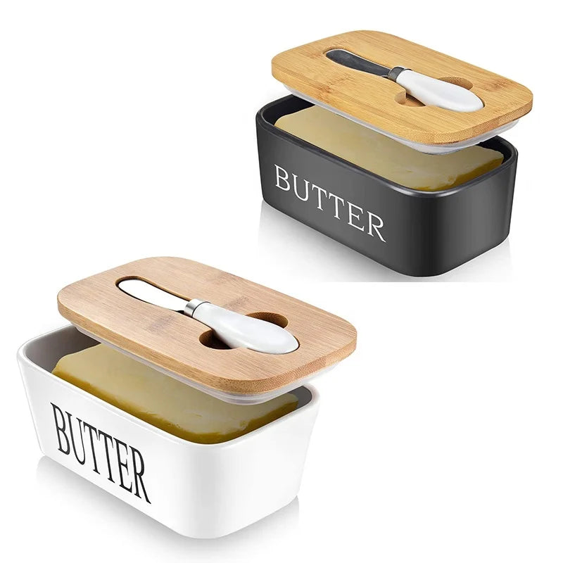 Custom Eco-Friendly Large Porcelain Butter Dish with Wooden Lid and Knife Set Food-Safe Asian Zen Design