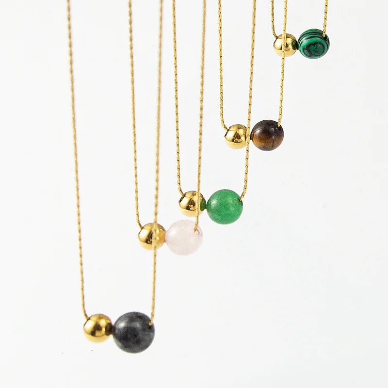 Simple Women Stainless Steel Jewelry 14K Gold Plated Beads Natural Crystal Stone Tiger Eye Bead Pendant Necklace