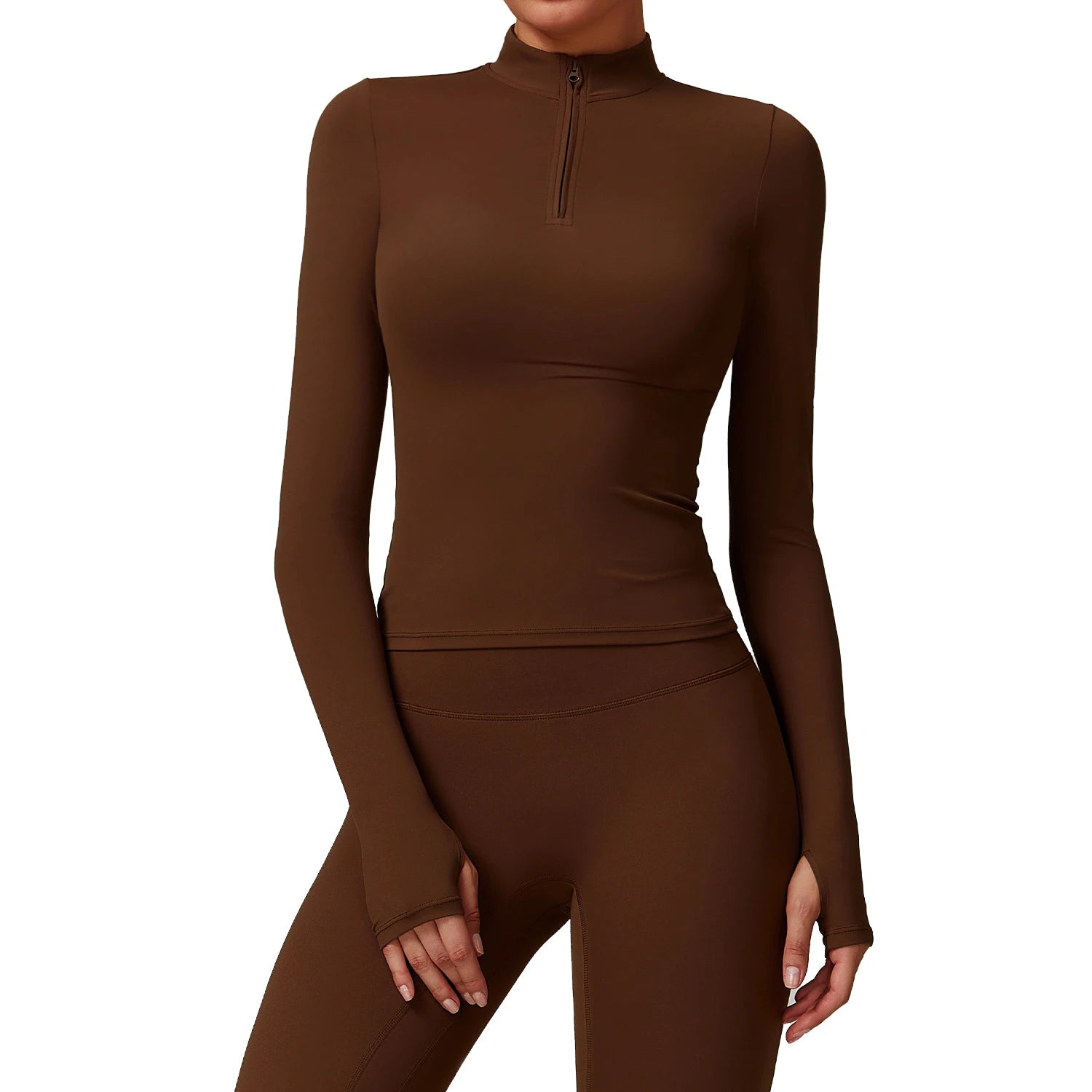 Women's Long Sleeve Compression Fitness T-Shirt Soft Comfortable Lightweight Quick Dry Seamless Front Zipper Activewear Set