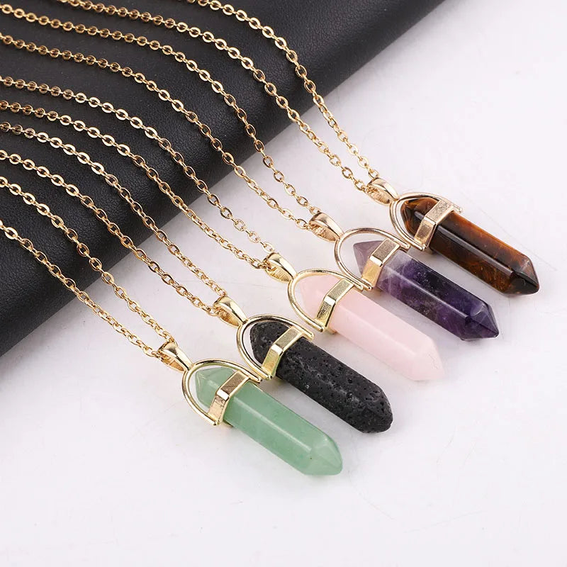 Hot Selling Gold Plating Natural Stone Reiki Quartz Jewelry Crystal Gemstone Point Pendant Necklace Women Men