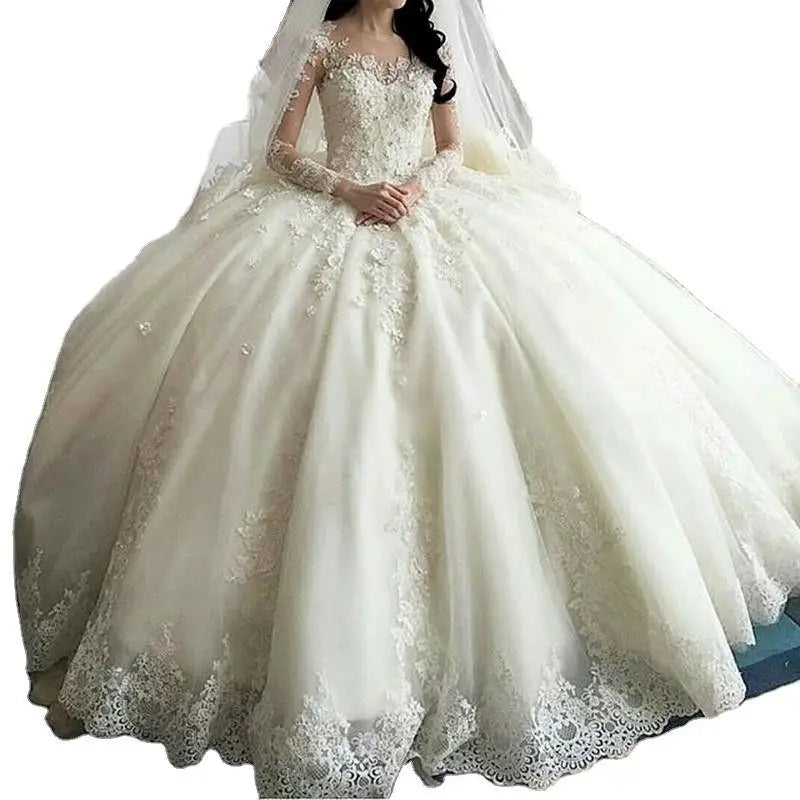 Guangzhou Auyan 2024 New Autumn Fashion White Wedding Dress Bride Trailing Lace Word Shoulder Sleeve Civil Wedding Flower Cheap