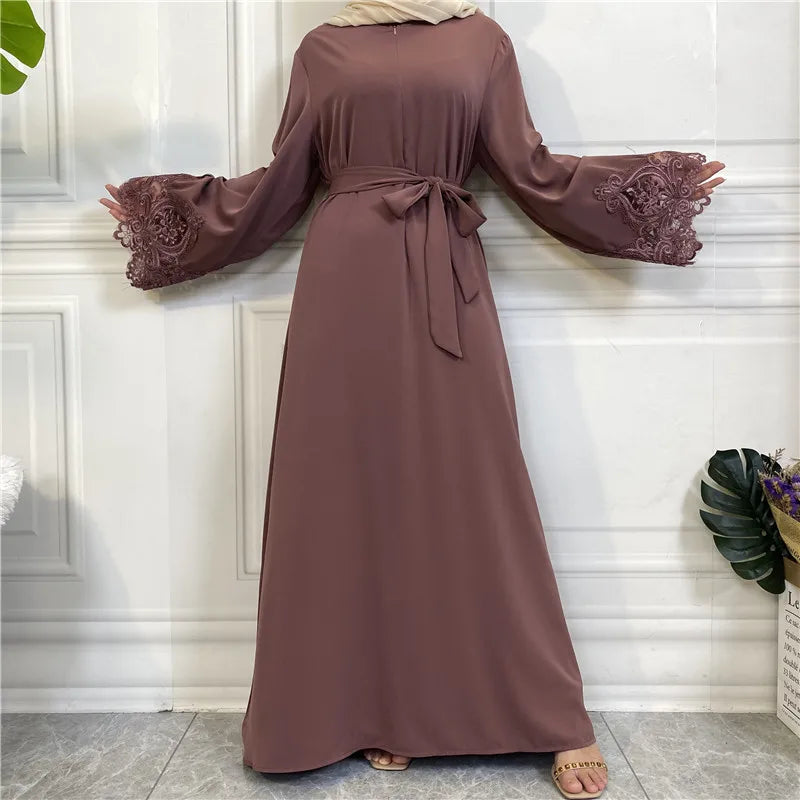 Lace Abaya Elegant Modest Dubai Long Sleeve Flower Dress Islamic Muslim Clothing Front Top Zipper Nida Abaya