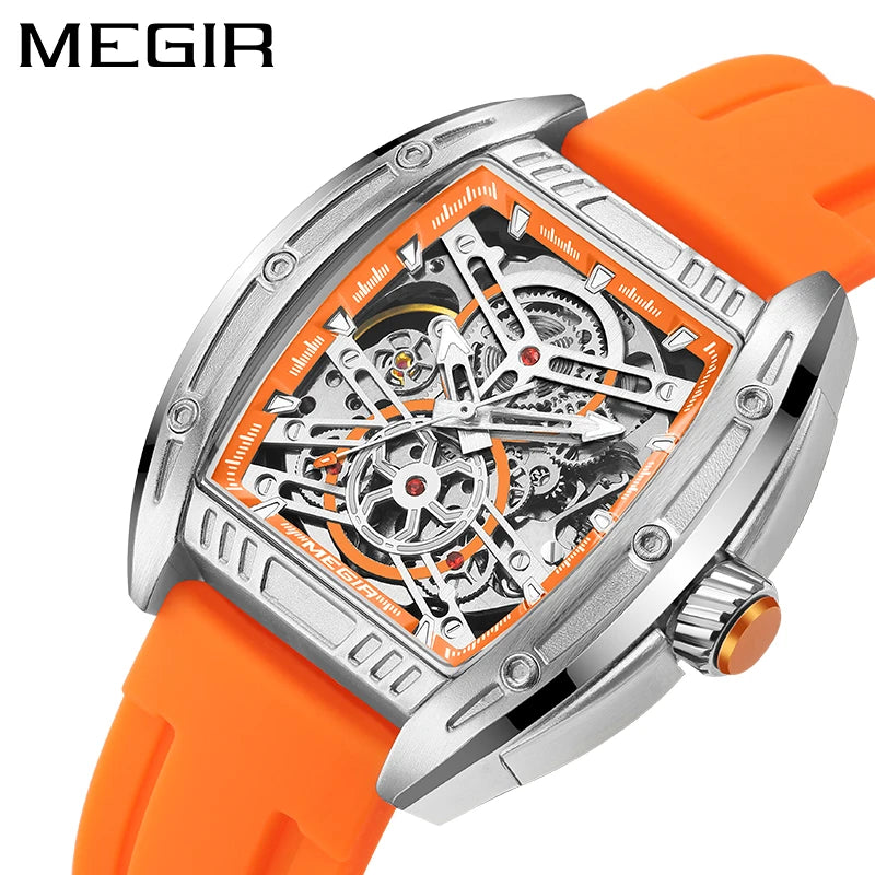 MEGIR 8601 New Fashion Luxury Men's Mechanical Analog Wristwatch Waterproof Tonneau Dial Silicone Band Sports Automatic Watch