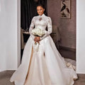 2025 New Lace a Line Wedding Dresses Beaded High Neck Plus Size Bridal Gowns With Detachable Train Long Sleeves Tulle Vestido