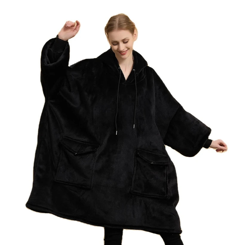 Customized Solid Warm Blanket Hoodie Giant Pocket Large Pocket Oversized Wearable Adult Hooded Blanket for Winter Christmas Gift
