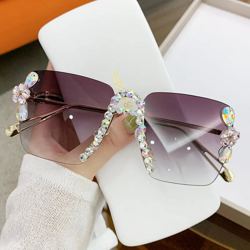 Sonnenbrille Damen Oversized Rimless Unique Diamond Sunglasses Big Frame Oversized Square Sunglasses Bling Diamond Sunglasses
