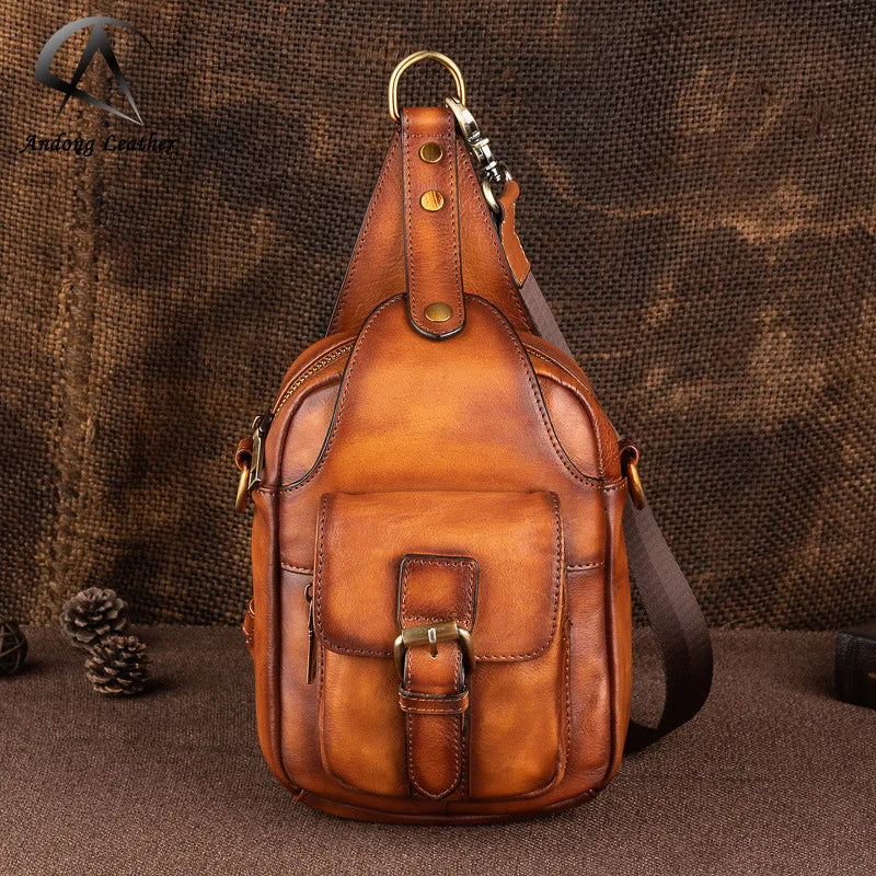 Andong Retro Chest Bag Male Genuine Cow Leather Hand Rubbed Color Men Shoulder Bags Casual Pocket Man
