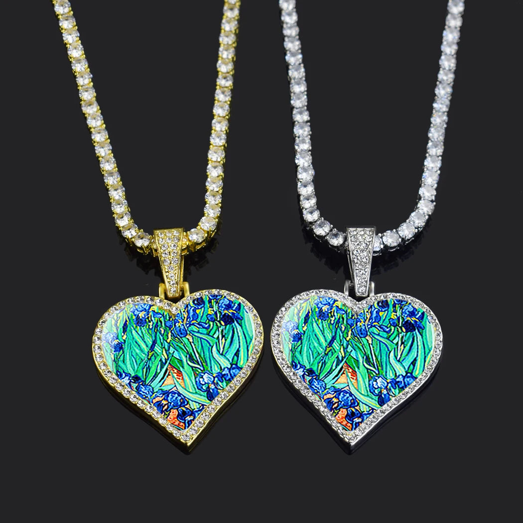 Van Gogh Heart-shaped Pendant Women Vintage Art Sunflower Iris Rhinestone Diamond Jewelry Tennis Ball Chain Necklace