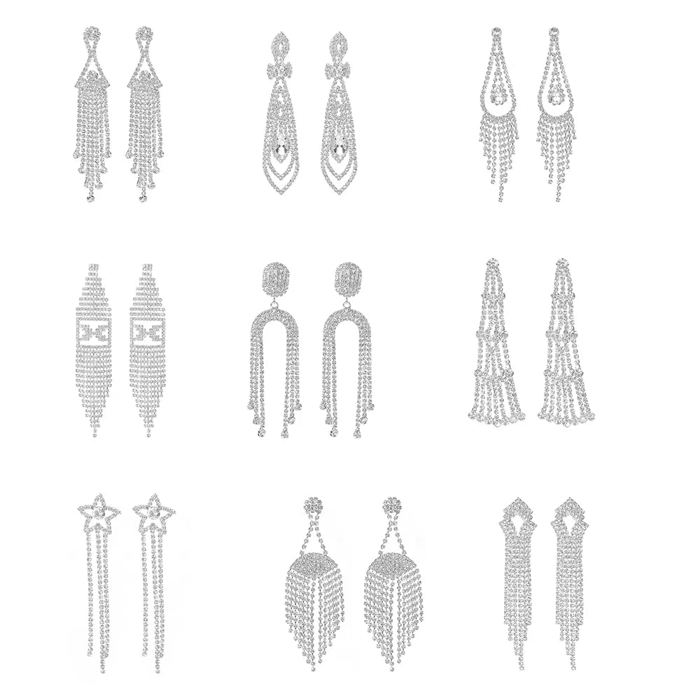 Luxury Full of Diamond Fringe Long Earrings Feminine Bridal Zircon Stud Earrings for Party