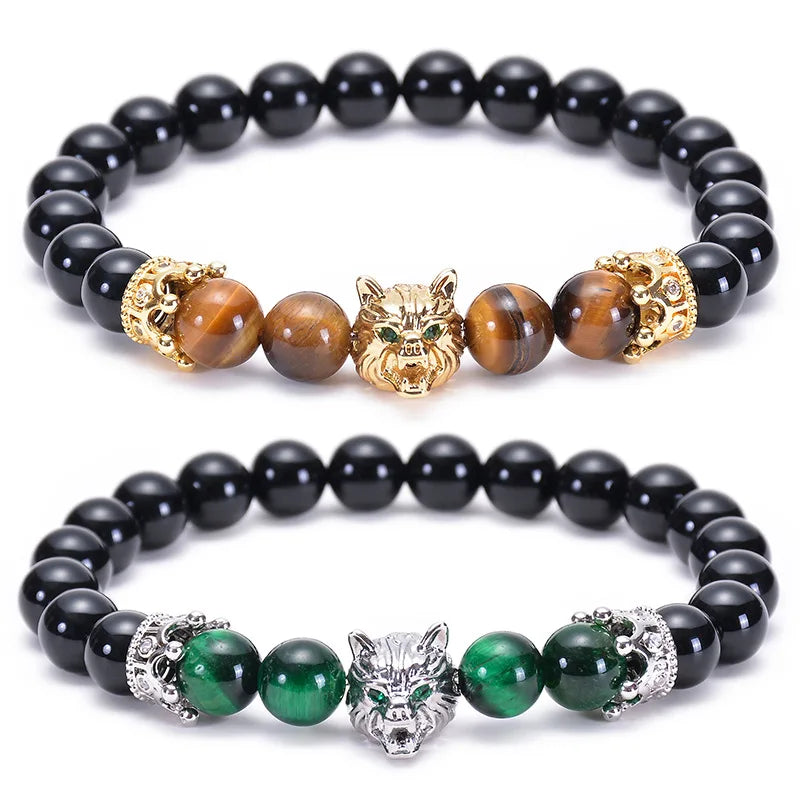 Natural Tiger Eye Stone and Agate Bracelet with Copper Inlaid Zircon Crown and Wolf Head Fashion Jewelry & Bangles