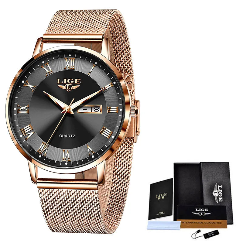 LIGE LG10049 Fashion Quartz Watch Men Business Waterproof Stainless Steel Mesh Watches for Men Luminous Date Week Clocks+Box