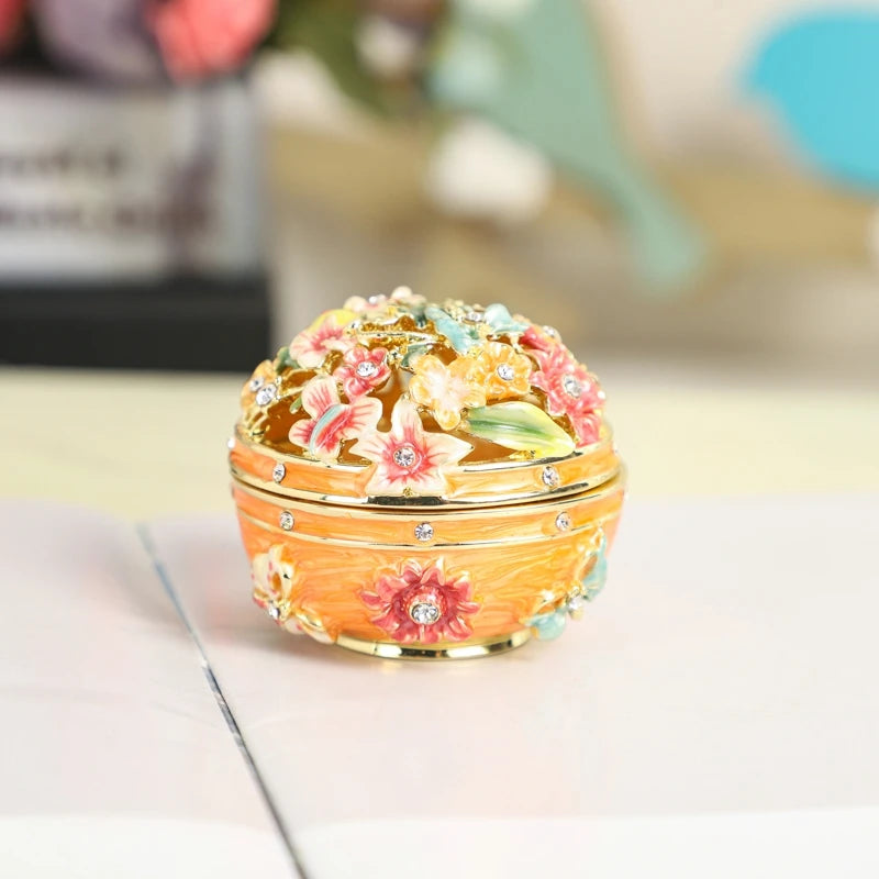SHINNYGIFTS Metal Enamel Necklace Earring Gift Packaging Jewelry Box Hollowed Out Round Shape butterfly love Flower Jewelry Box