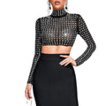 Crystal Party Hot European and American Style High Neck Fashion Shiny Sexy Long Sleeve Short Top