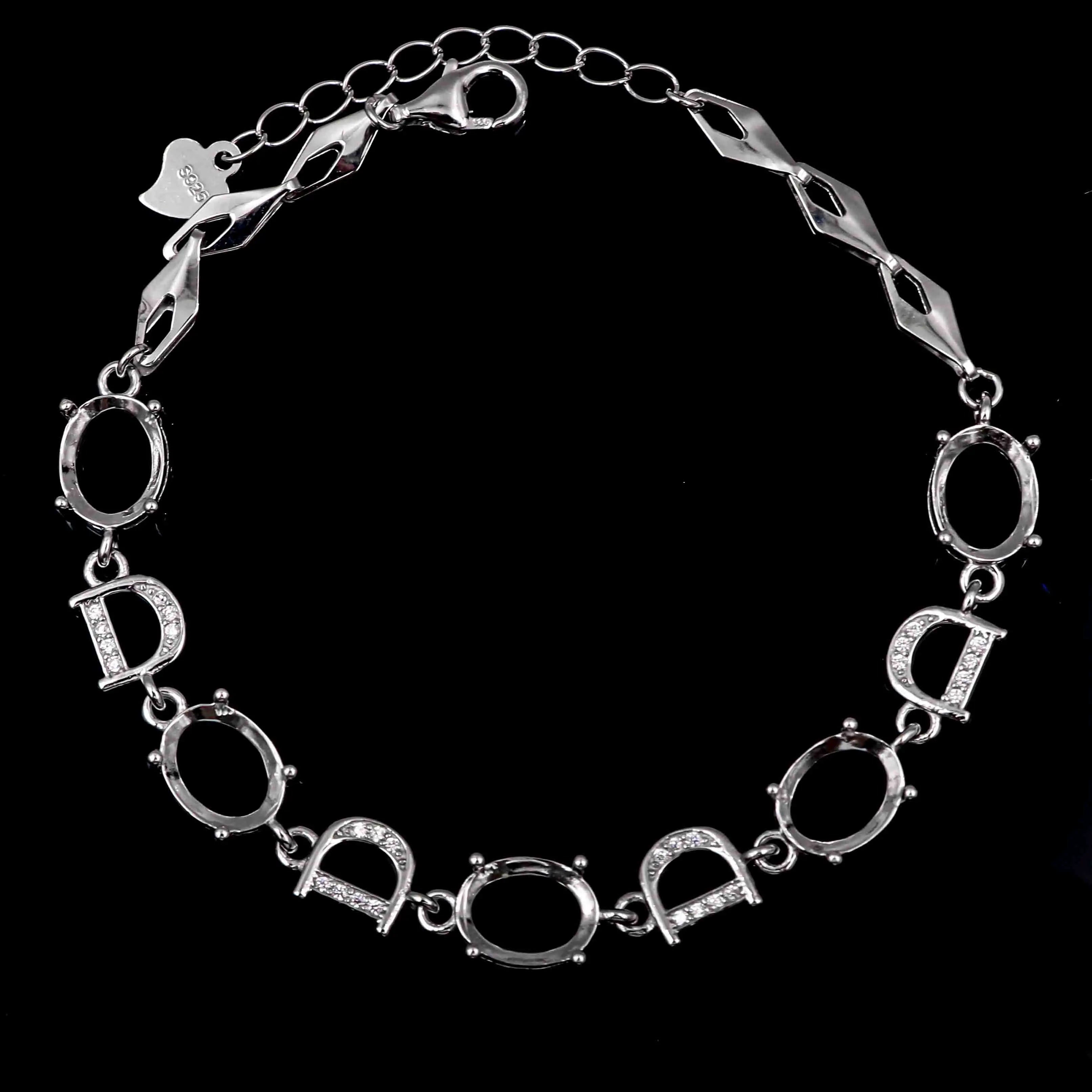 Sterling Silver 6*8/7*9mm Semi Mount Bracelet Empty Frame Blank Claw Setting S925 Base Holder Without Center Stone Inlay for DIY