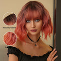 In-stock MOQ1 Short Wave Bob Cut Synthetic Wigs with Bangs Lolita Cosplay Black Red Orange Ombre Wigs for Women