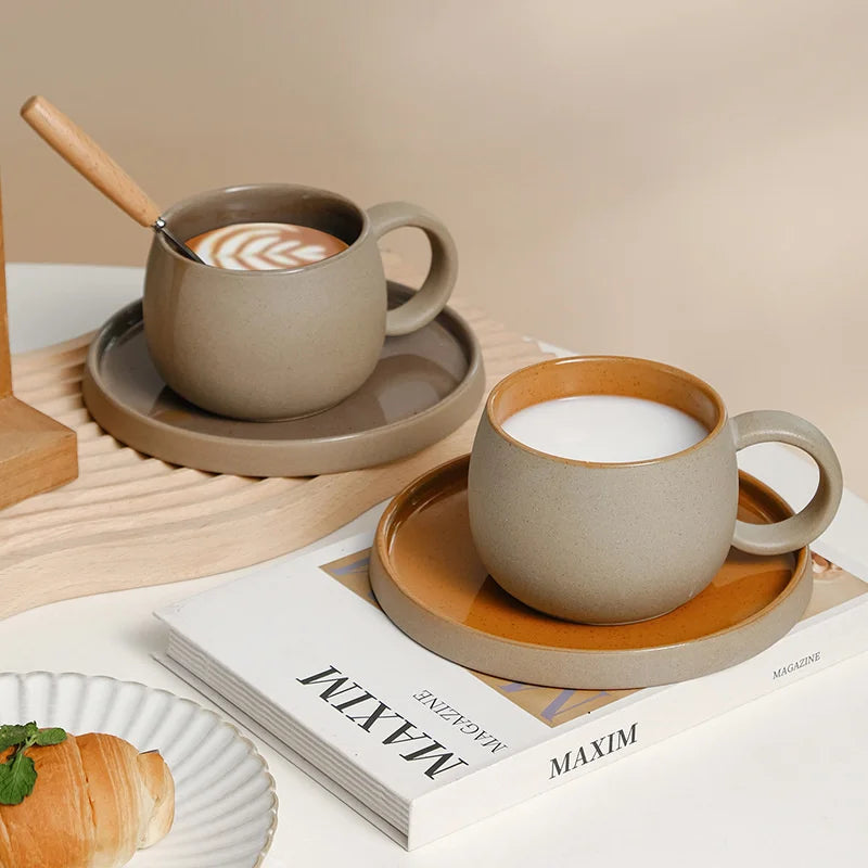 Japanese Style Stoneware Coffee Mug Coarse Pottery Ceramic Tea Cup and Saucer Sets Office Couple Water Mugs