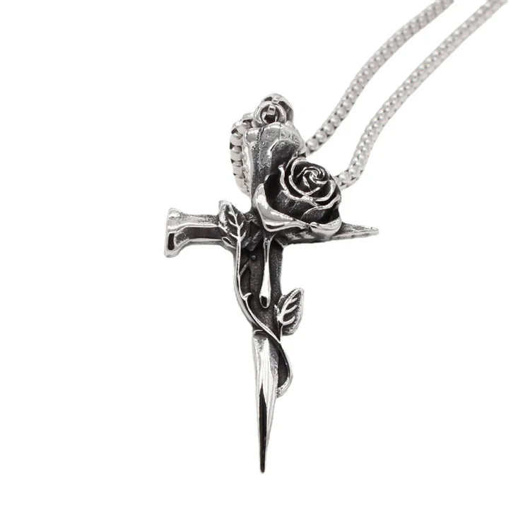 Retro Personalized Jewelry Necklace Rose Flower Cross Pendant Necklace