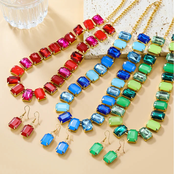 New Trend Colorful Square Crystal Rhinestone Drop Earring Necklace Set Wedding Jewelry Women Accessories Gift