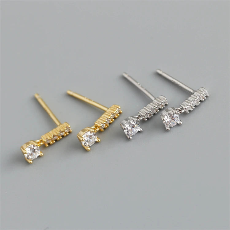Women Fine Jewelry 925 Sterling Silver 18k Gold Plated Bar Diamond Zircon Stud Earrings