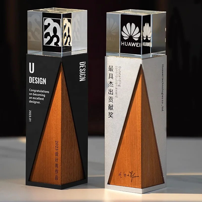 Customized Crystal Trophies Solid Wood Metal Crystal Souvenir Awards Trophy