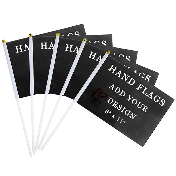 China Factory Sublimation Printed Any Size Custom Logo Hand Held Small Mini Flag Waving Hand Flags With Pole