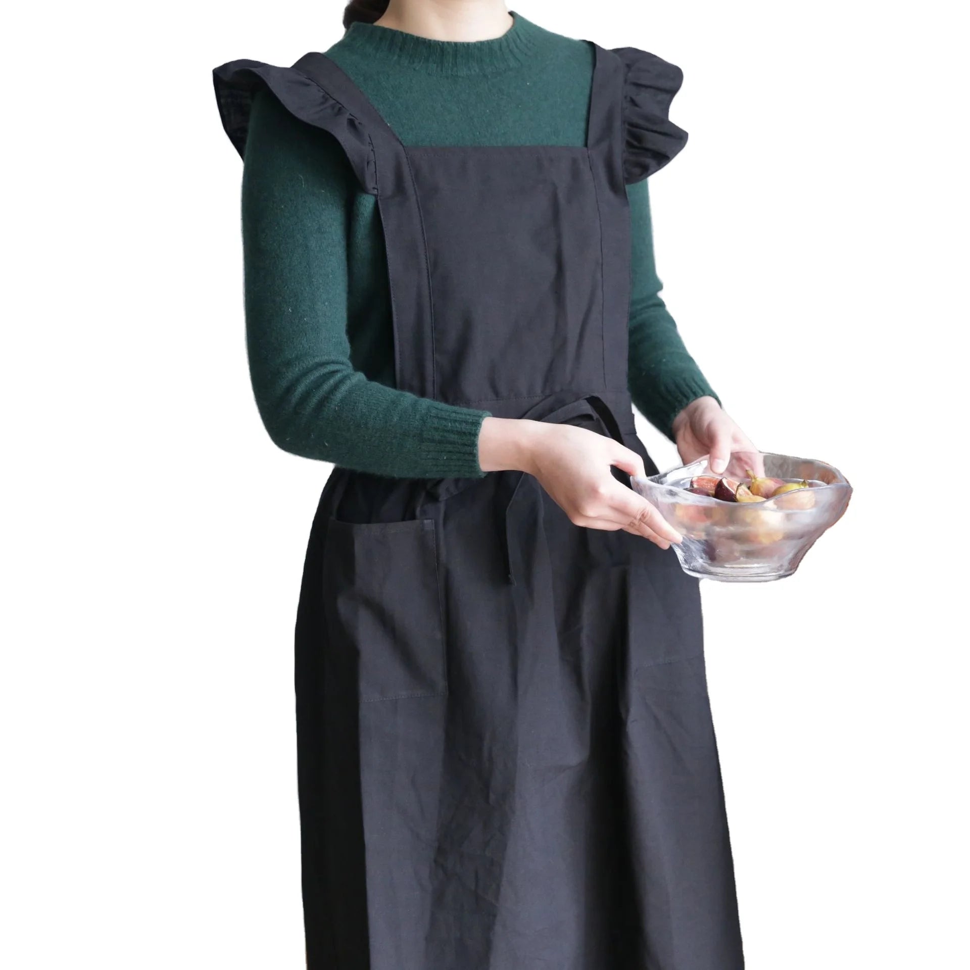 Wholesale Custom logo Printed 100% Cotton Ruffled Cross Back Kitchen Cooking Chef Aprons with Pockets
