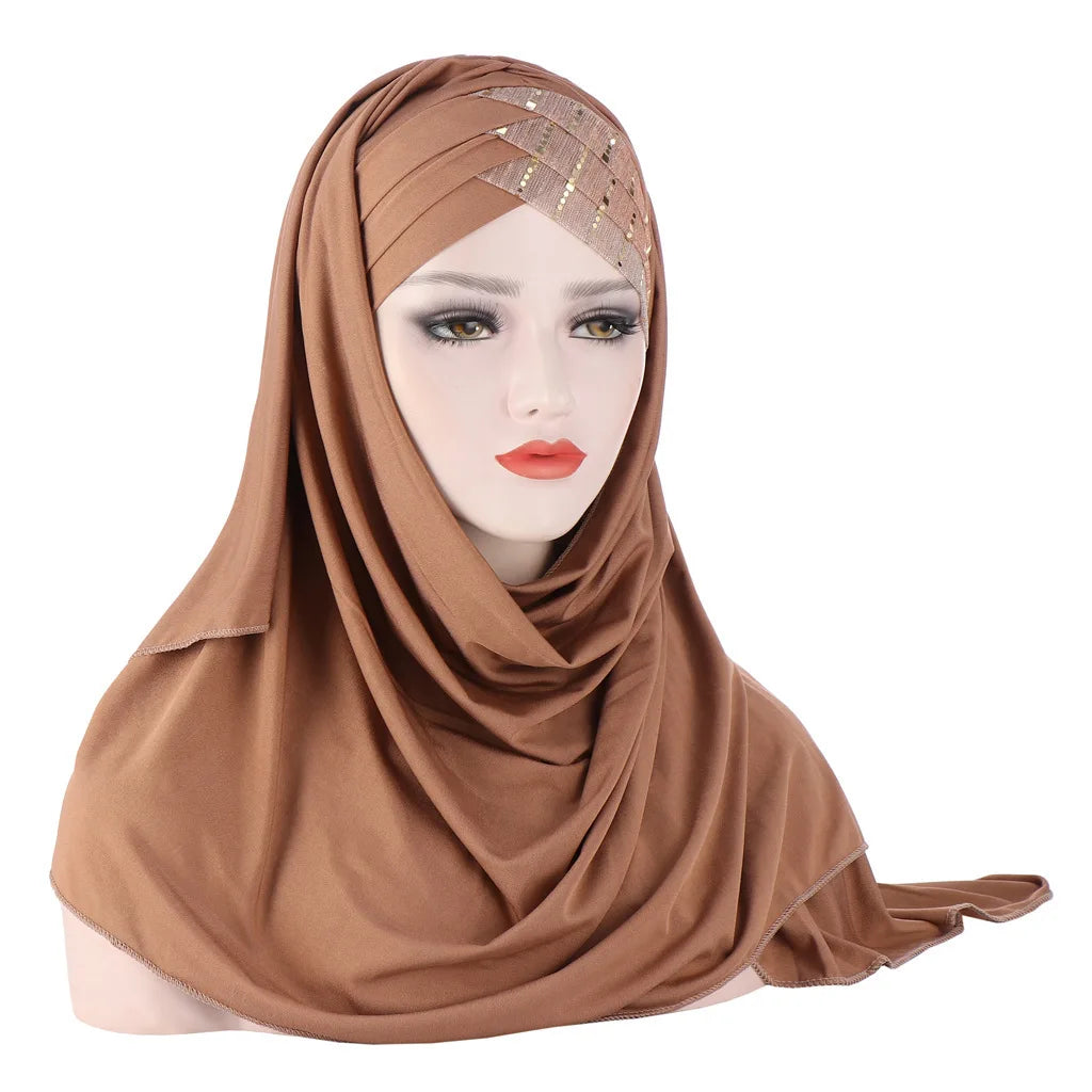 Malaysian Muslim Lady Milk Silk Forehead Bright Silk Spell Milk Silk Scarf Hat Two Sets