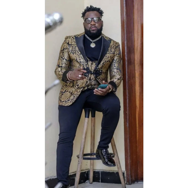 Bespoke Pattern Paisley Design Men's Suit Formal 3 Pieces Regular Fit Metallic Jacquard Peaked Lapel Prom Tuxedos Wedding Suits