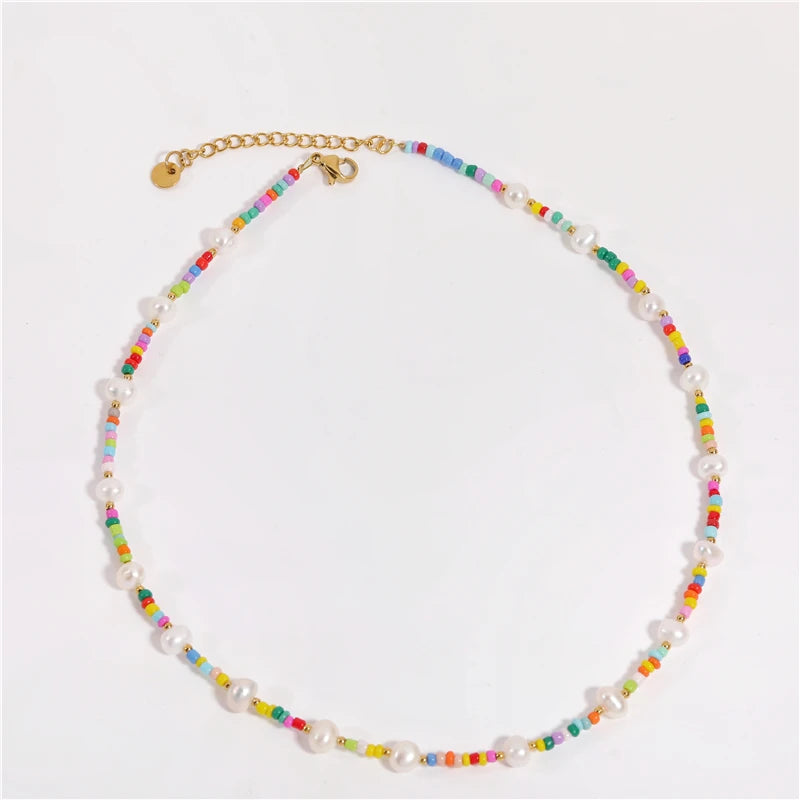 Holiday Beach Summer Handmade Multi Colored Candy Color Bead  Natural Pearl Choker Necklace for Women Jewelry Fashion