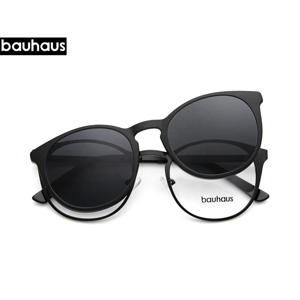 Bauhaus X106 Metal Round Optical Frame Clip on Polarized Sunglasses
