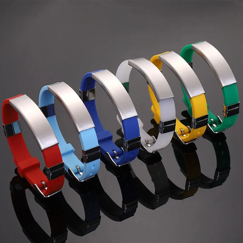 Custom Engraved Letter Nameplate Silicone Bracelets Customized Glossy Stainless Steel Colorful Silicone Bracelet