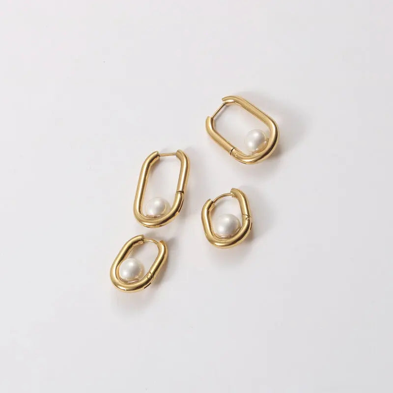 Trendy Earring 18K Gold Plated Pearl Oval U Huggie Earrings for Women Stainless Steel Earrings Wholesale