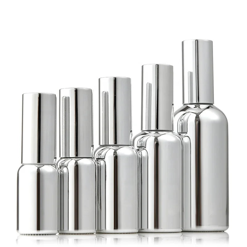 5ml 10ml 15ml 20ml 30ml 50ml 100ml Silver Glass Bottle Set Cosmetics Spray Bottle Lotion Pump Bottle