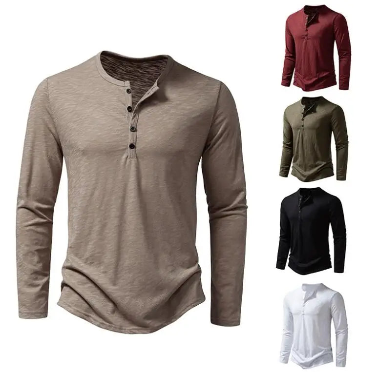 Autumn New Men's Bamboo Cotton Henry Collar Long Sleeve T-shirt Men's Designer Solid Color Streetwear Casual T-shirt