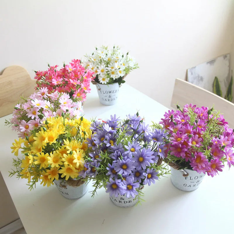 Hot Sale Mini Desk Artificial Plant Daisy Flower Bonsai Metal Bucket Bonsai Plants