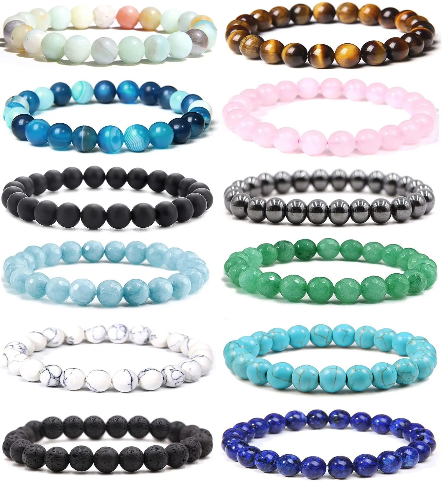 8mm Agate Tiger Eye and Hematite Crystal Stone Beaded Bracelets Set Fashion Charm for Women and Men